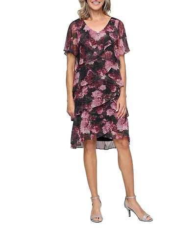Ignite Evenings Floral Print Bodre V-Neck Short Flutter Sleeve Tiered Dress