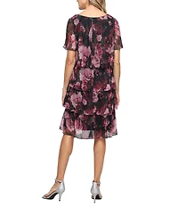 Ignite Evenings Floral Print Bodre V-Neck Short Flutter Sleeve Tiered Dress