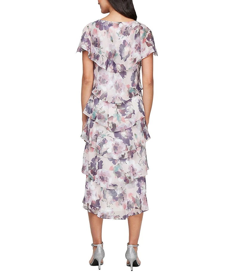 Ignite Evenings Floral Print Chiffon Scoop Neck Capelet Short Sleeve Tiered Midi Dress
