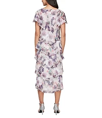 Ignite Evenings Floral Print Chiffon Scoop Neck Capelet Short Sleeve Tiered Midi Dress