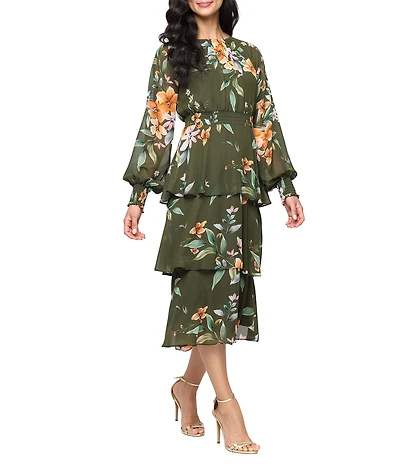 Ignite Evenings Floral Print Chiffon Scoop Neck Long Sleeve Smocked Waist Tiered Skirt Midi Dress
