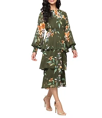 Ignite Evenings Floral Print Chiffon Scoop Neck Long Sleeve Smocked Waist Tiered Skirt Midi Dress