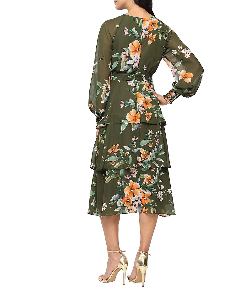 Ignite Evenings Floral Print Chiffon Scoop Neck Long Sleeve Smocked Waist Tiered Skirt Midi Dress