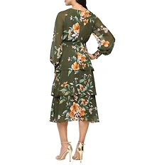 Ignite Evenings Floral Print Chiffon Scoop Neck Long Sleeve Smocked Waist Tiered Skirt Midi Dress