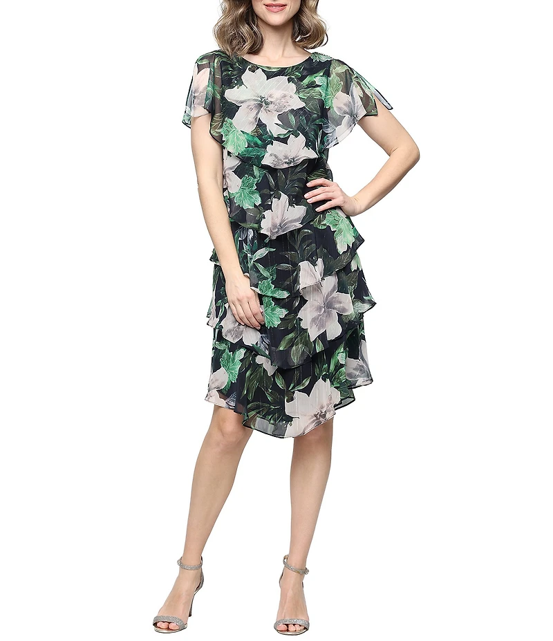 Ignite Evenings Floral Print Chiffon Short Sleeve Round Neck Tiered Skirt Dress