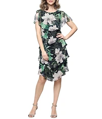 Ignite Evenings Floral Print Chiffon Short Sleeve Round Neck Tiered Skirt Dress