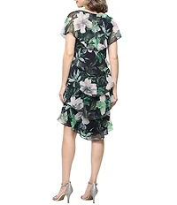 Ignite Evenings Floral Print Chiffon Short Sleeve Round Neck Tiered Skirt Dress