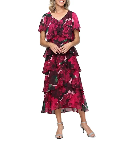 Ignite Evenings Floral Print Chiffon V-Neck Short Flutter Sleeve Tiered Midi Dress