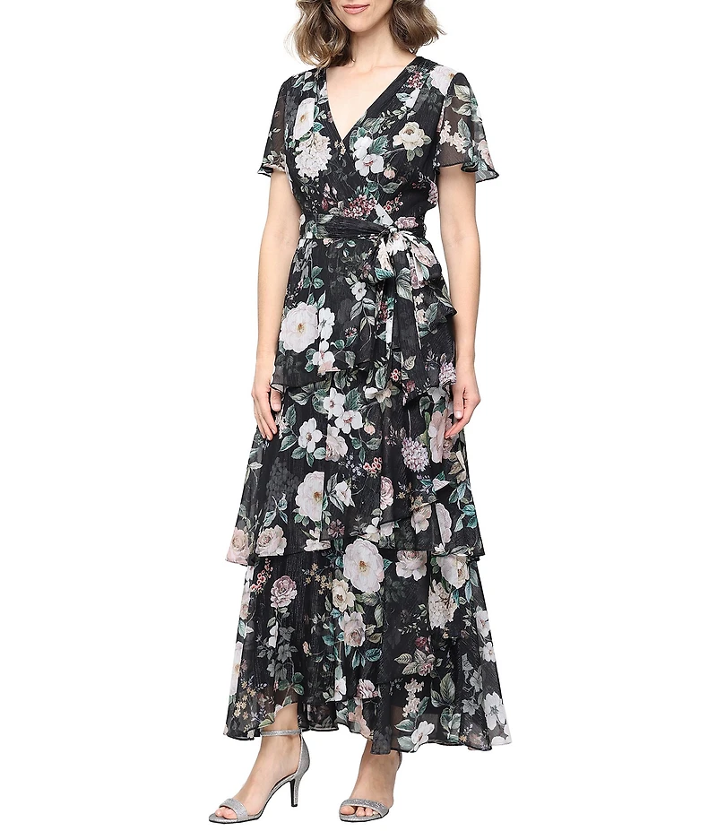Ignite Evenings Floral Print Chiffon V Neck Short Sleeve Tiered Skirt Long Dress