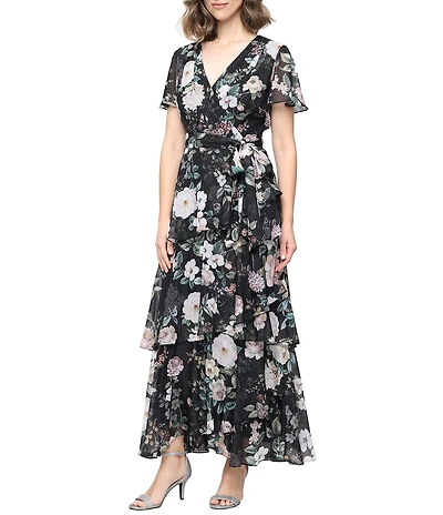Ignite Evenings Floral Print Chiffon V Neck Short Sleeve Tiered Skirt Long Dress