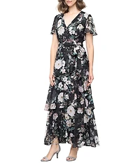 Ignite Evenings Floral Print Chiffon V Neck Short Sleeve Tiered Skirt Long Dress