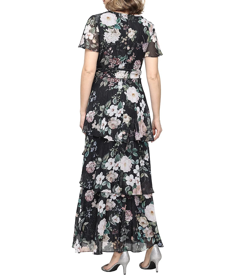 Ignite Evenings Floral Print Chiffon V Neck Short Sleeve Tiered Skirt Long Dress