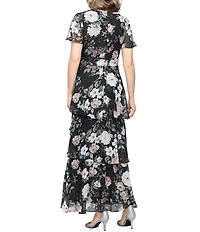 Ignite Evenings Floral Print Chiffon V Neck Short Sleeve Tiered Skirt Long Dress