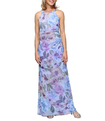 Ignite Evenings Floral Print Halter Neck Ruched Long Dress