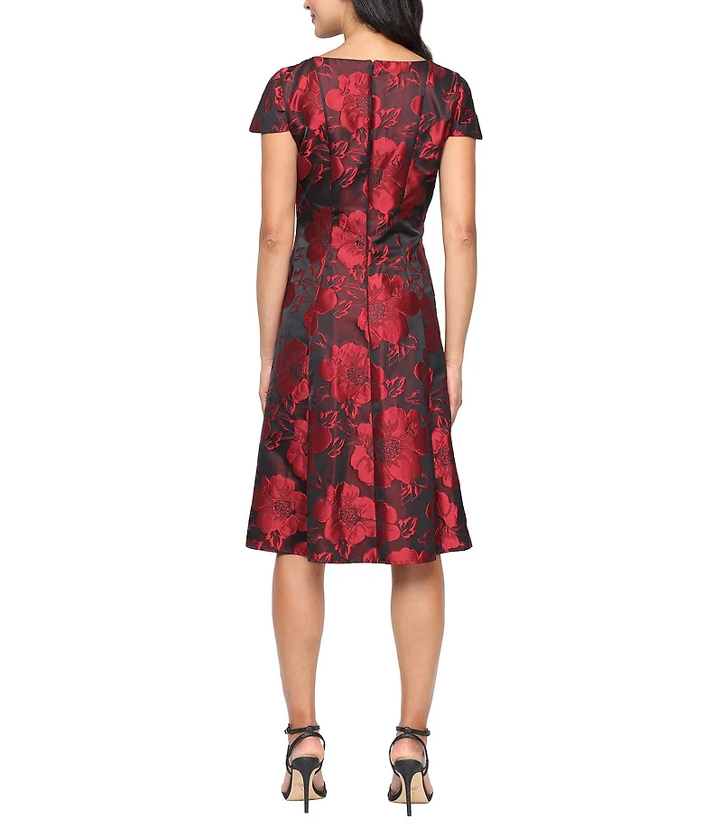 Ignite Evenings Floral Print Jacquard Scoop Neck Cap Sleeve A-Line Dress