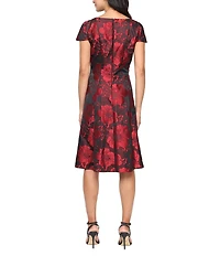 Ignite Evenings Floral Print Jacquard Scoop Neck Cap Sleeve A-Line Dress