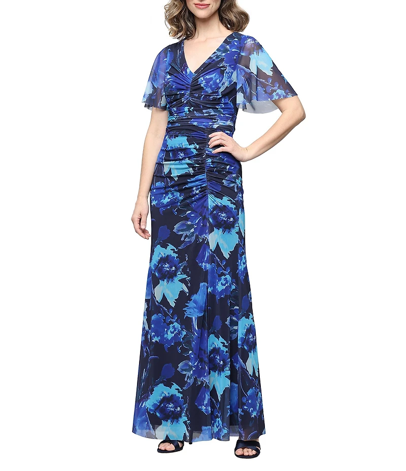 Ignite Evenings Floral Print Rushed Waist Flutter Sleeve Long Dress
