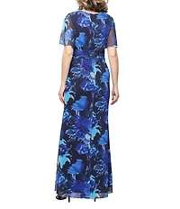 Ignite Evenings Floral Print Rushed Waist Flutter Sleeve Long Dress