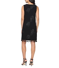 Ignite Evenings Floral Print Scuba Jersey V-Neck Sleeveless Fringe Hem Shift Dress