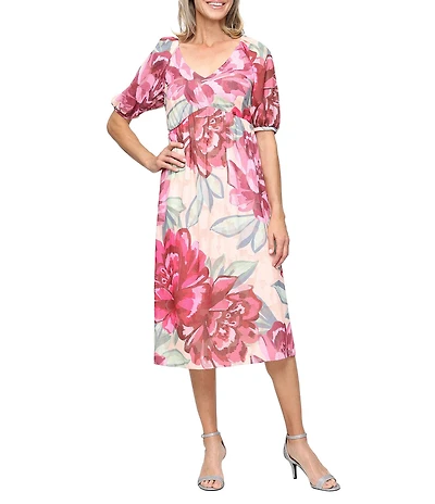 Ignite Evenings Floral Print Short Elbow Puff Sleeve Chiffon Burnout Midi Dress