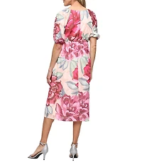 Ignite Evenings Floral Print Short Elbow Puff Sleeve Chiffon Burnout Midi Dress
