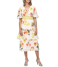 Ignite Evenings Floral Print Tiered Chiffon Midi Dress