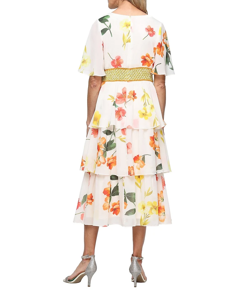 Ignite Evenings Floral Print Tiered Chiffon Midi Dress