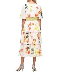 Ignite Evenings Floral Print Tiered Chiffon Midi Dress