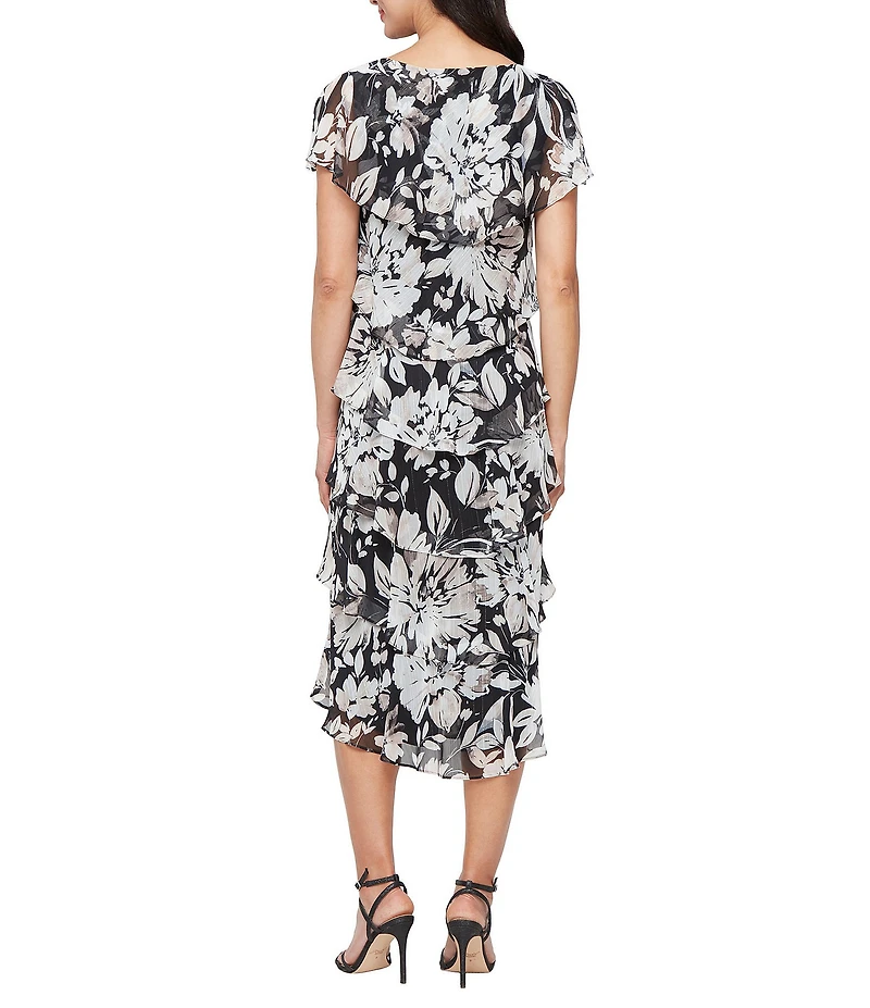 Ignite Evenings Chiffon Floral Print Crew Neck Short Capelet Sleeve Tiered Midi Dress