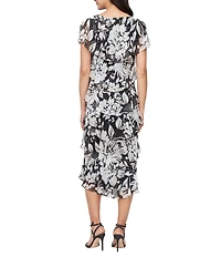 Ignite Evenings Chiffon Floral Print Crew Neck Short Capelet Sleeve Tiered Midi Dress