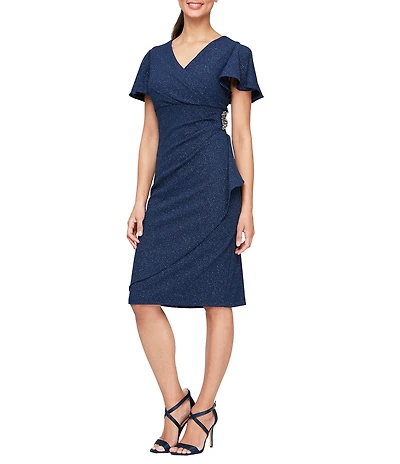 Ignite Evenings Short Flutter Sleeve V-Neck Metallic Knit Sheath Dress