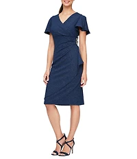Ignite Evenings Short Flutter Sleeve V-Neck Metallic Knit Sheath Dress