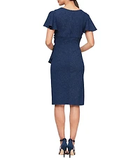 Ignite Evenings Short Flutter Sleeve V-Neck Metallic Knit Sheath Dress