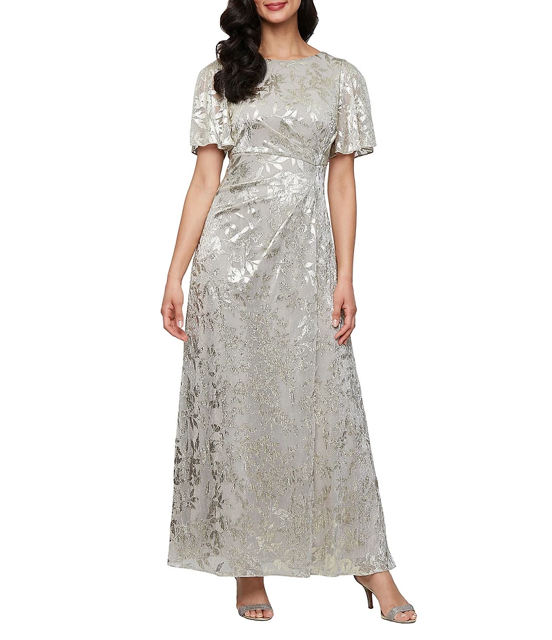 Ignite Evenings Foil Bodre Flutter Sleeve Empire Waist Gown