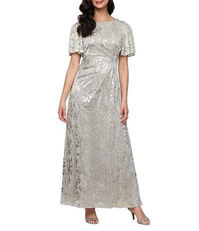 Ignite Evenings Foil Bodre Flutter Sleeve Empire Waist Gown