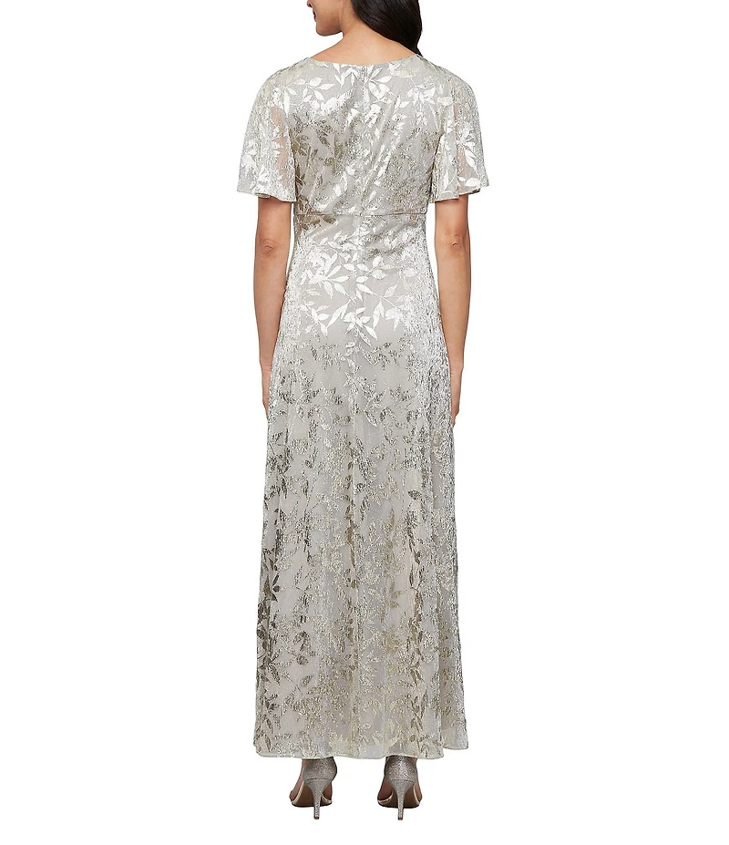 Ignite Evenings Foil Bodre Flutter Sleeve Empire Waist Gown
