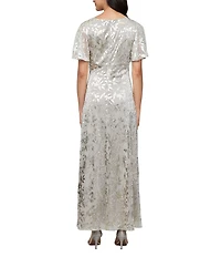 Ignite Evenings Foil Bodre Flutter Sleeve Empire Waist Gown