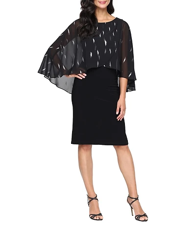 Ignite Evenings Foil Print Chiffon Capelet Overlay Matte Jersey Sheath Dress