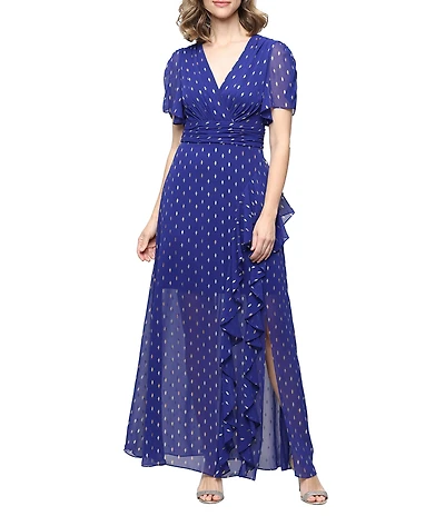 Ignite Evenings Foil Print Surplice V-Neck Capelet Sleeves Cascade Ruffle A-Line Dress