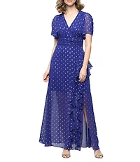 Ignite Evenings Foil Print Surplice V-Neck Capelet Sleeves Cascade Ruffle A-Line Dress