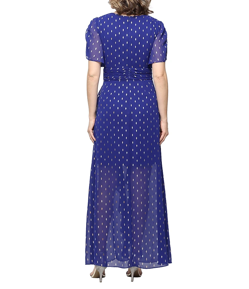 Ignite Evenings Foil Print Surplice V-Neck Capelet Sleeves Cascade Ruffle A-Line Dress