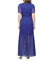 Ignite Evenings Foil Print Surplice V-Neck Capelet Sleeves Cascade Ruffle A-Line Dress