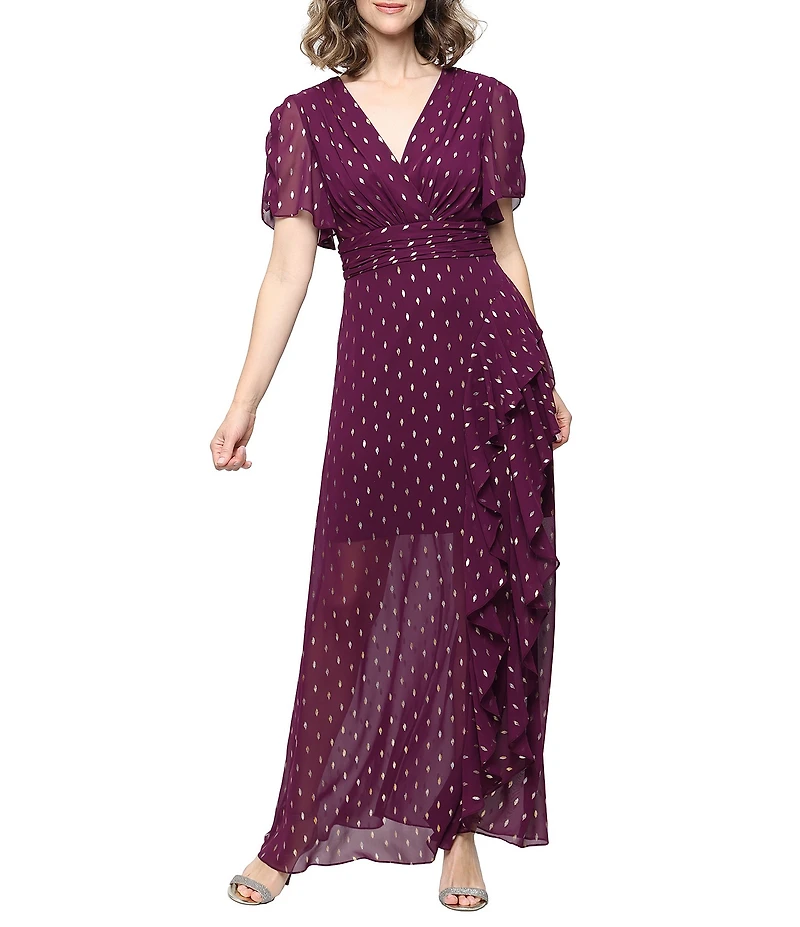 Ignite Evenings Foil Print Surplice V-Neck Capelet Sleeves Cascade Ruffle A-Line Dress