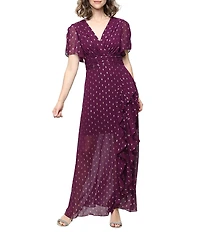 Ignite Evenings Foil Print Surplice V-Neck Capelet Sleeves Cascade Ruffle A-Line Dress