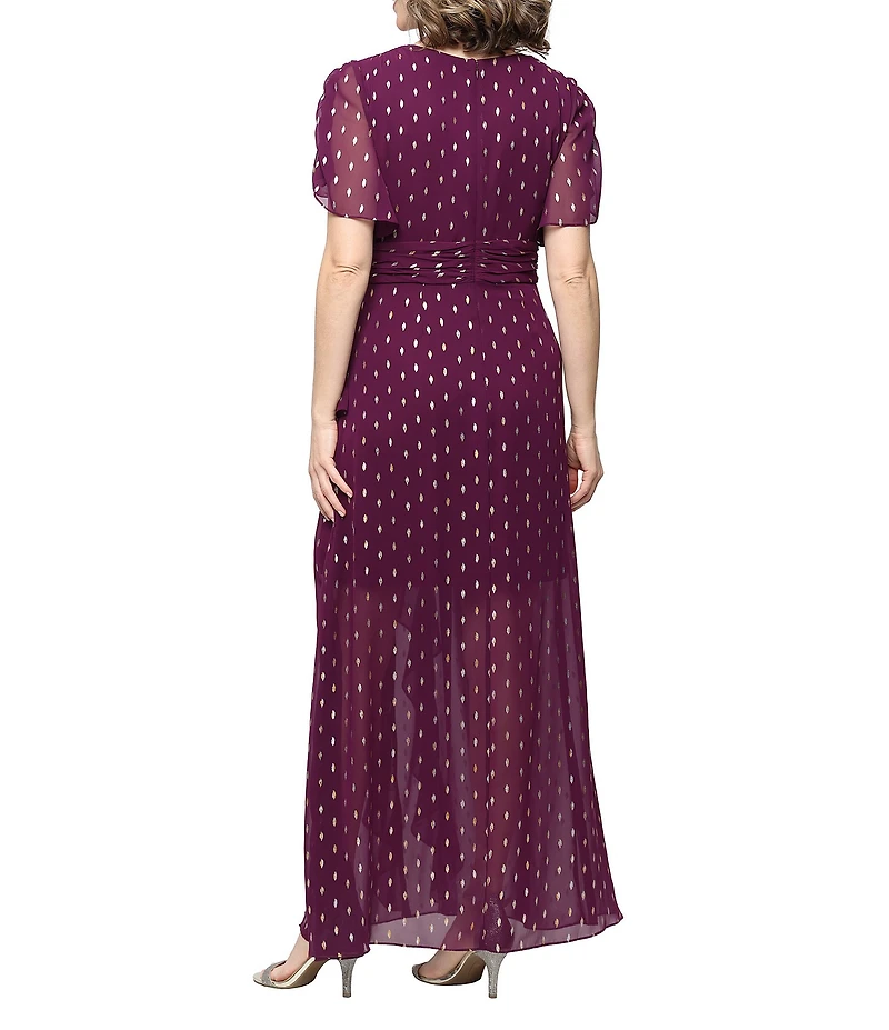 Ignite Evenings Foil Print Surplice V-Neck Capelet Sleeves Cascade Ruffle A-Line Dress