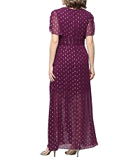 Ignite Evenings Foil Print Surplice V-Neck Capelet Sleeves Cascade Ruffle A-Line Dress