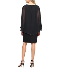 Ignite Evenings Glitter Knit Chiffon High/Low Cape Overlay Beaded Trim Sheath Dress