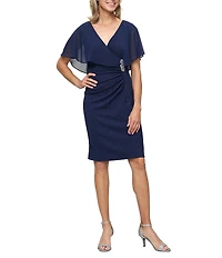 Ignite Evenings Glitter Knit Embellished Waist Detail Chiffon Overlay Dress
