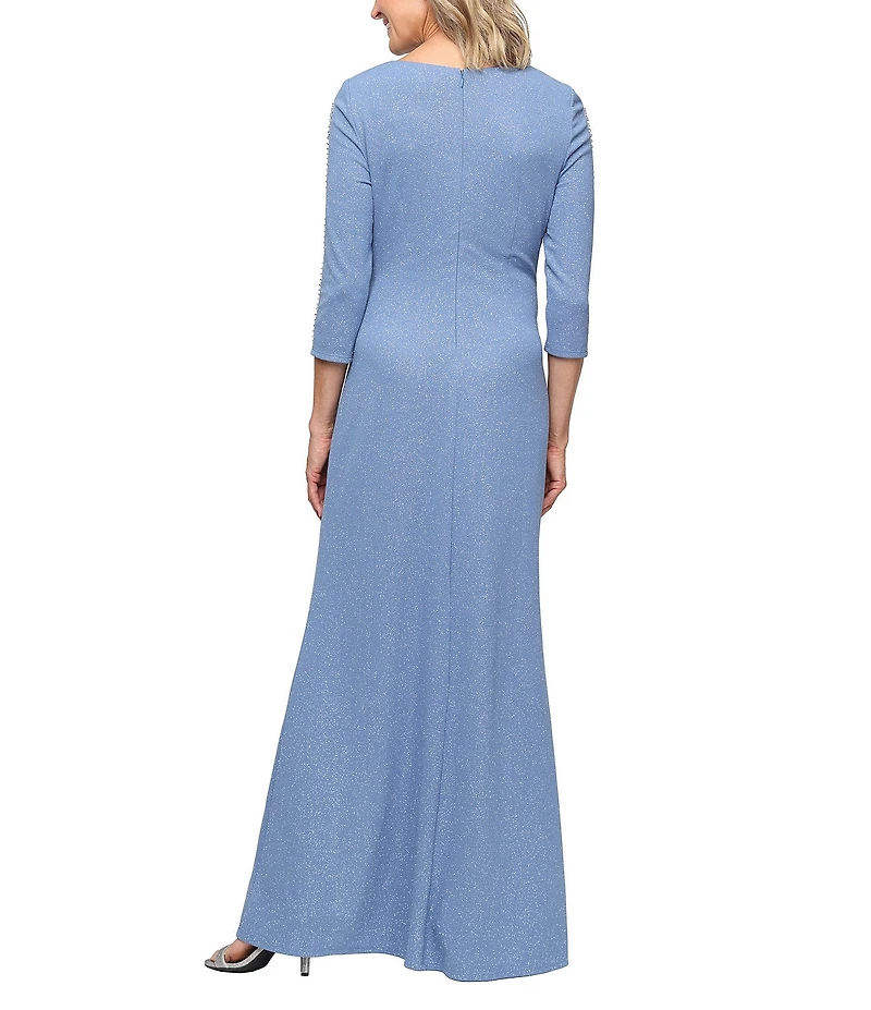 Ignite Evenings Glitter Knit Round Neck Embellished 3/4 Sleeve Ruched Gown