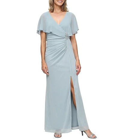 Ignite Evenings Glitter Mesh Chiffon Surplice Overlay Ruched Waist Long Dress